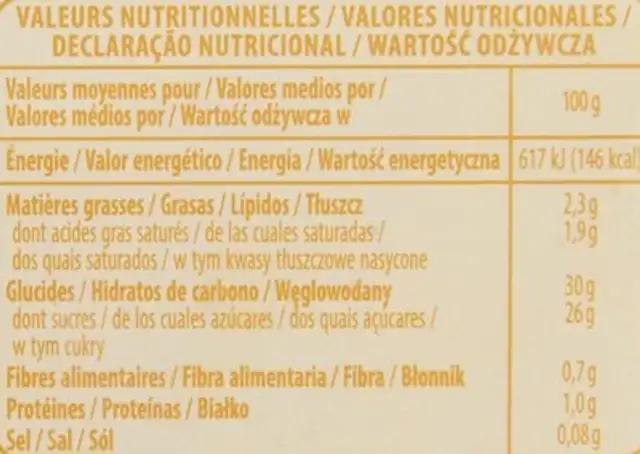 Ananas Mangue Coco nutrition facts table
