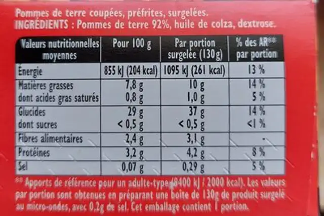 Frites croustillant bistro express ingredients label