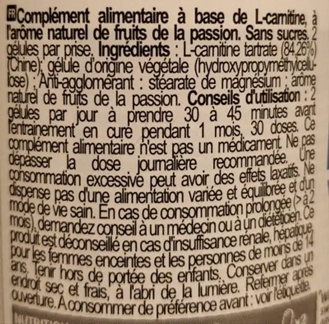 L-Carnitine Caps - Passion Fruit ingredients label