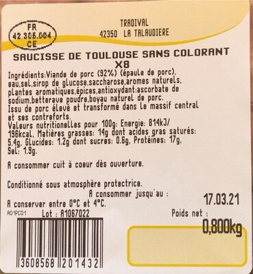 Saucisse de toulouse sans colorant