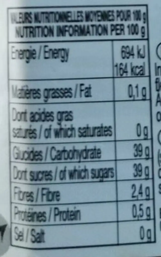 Confiture fraises framboises et fleur de sureau nutrition facts table