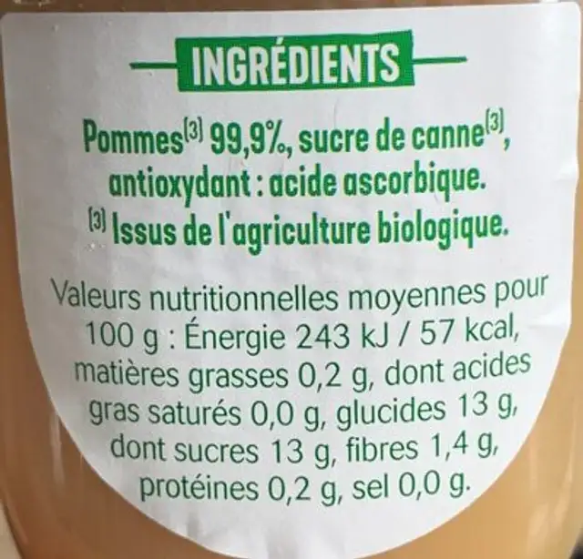 Compote de pomme bio nutrition facts table