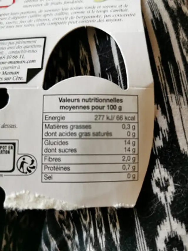 Compotée Mangue et Pêche Délicate Bergamote ingredients label
