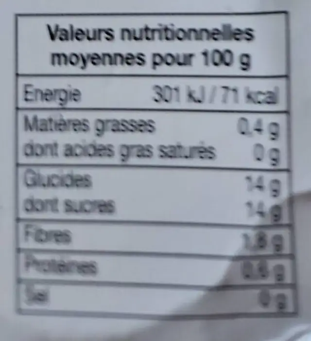 Compotée Mangue et Pêche Délicate Bergamote nutrition facts table