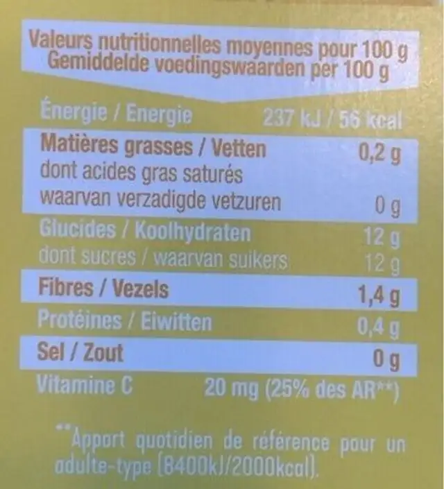 La Vie en Jaune nutrition facts table