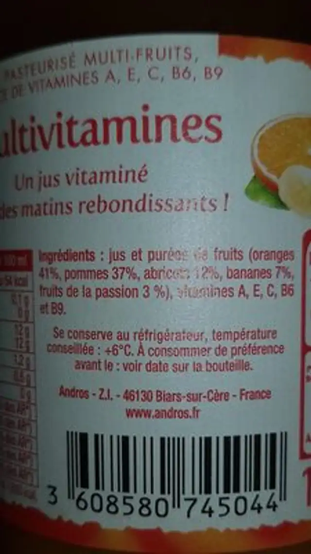 ANDROS ingredients label