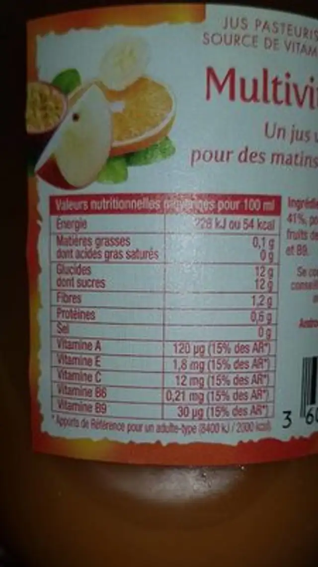 ANDROS nutrition facts table