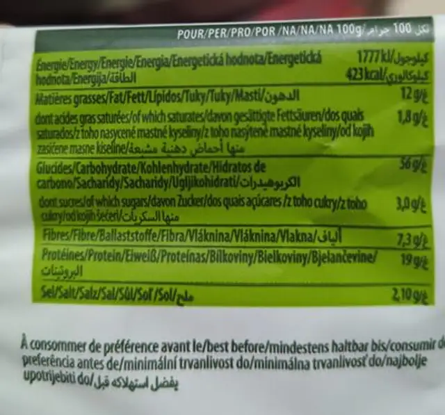 Cris'Peas - cream and onion ingredients label