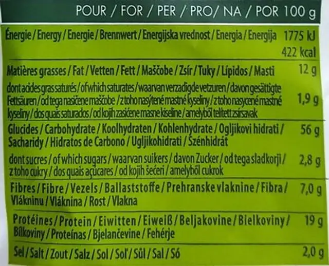 Cris'Peas - cream and onion nutrition facts table