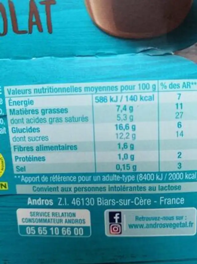 Liégeois au chocolat végétal Andros nutrition facts table