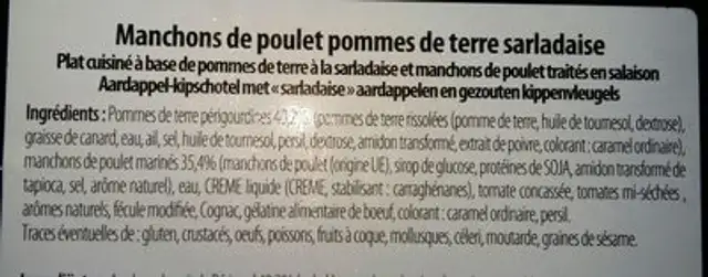 Manchons de poulet rôti et pomme de terre salardaises ingredients label