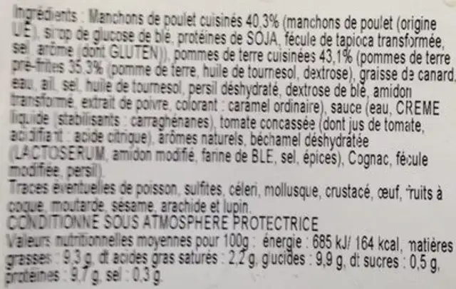 Manchons de poulet et pommes de terre fondantes ingredients label