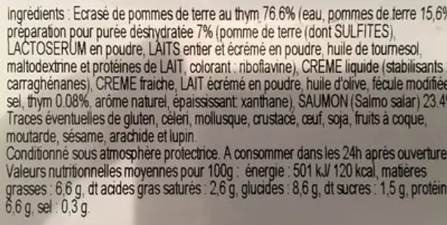 Saumon écrasé de pommes de terre thym ingredients label