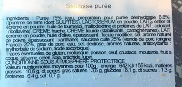 Saucisse purée COLLET 350g ingredients label