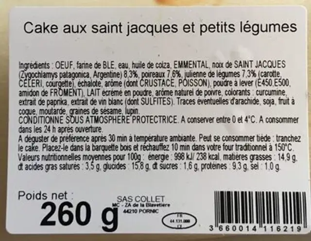 Cake Saint Jacques ingredients label