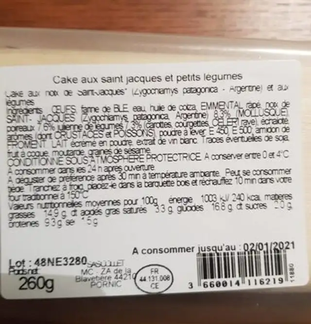 Cake Saint Jacques nutrition facts table