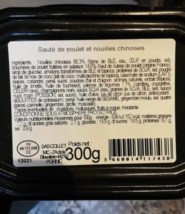 Saute de poulet et nouilles chinoises ingredients label