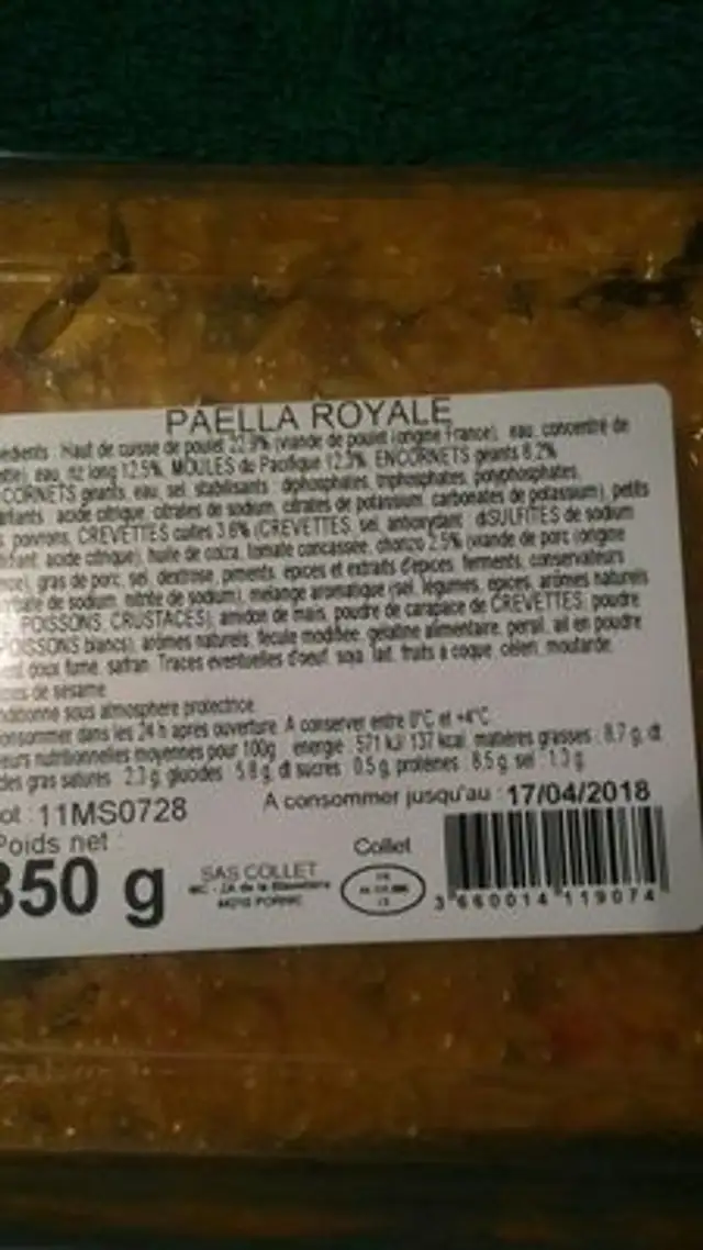 Paella royale ingredients label
