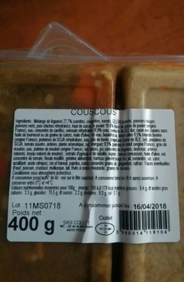 Couscous ingredients label