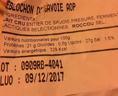 Reblochon de Savoie AOP ingredients label