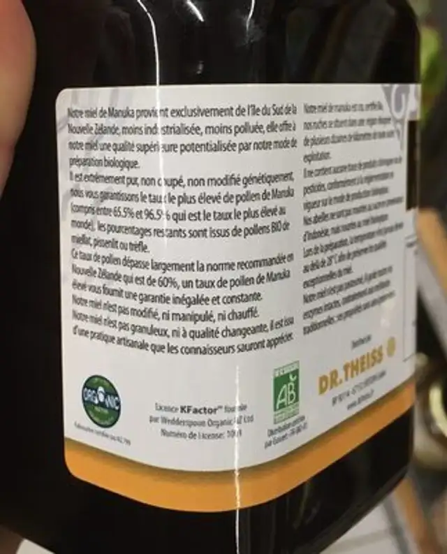 Miel De Manuka Bio Kfactor 12+ - 500 G - Dr Theiss ingredients label