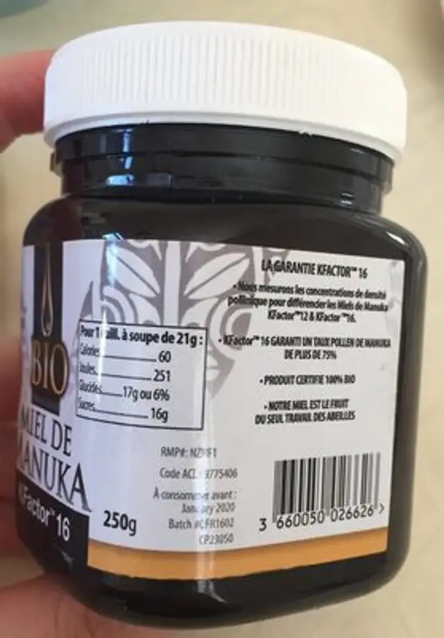 Miel Bio ingredients label