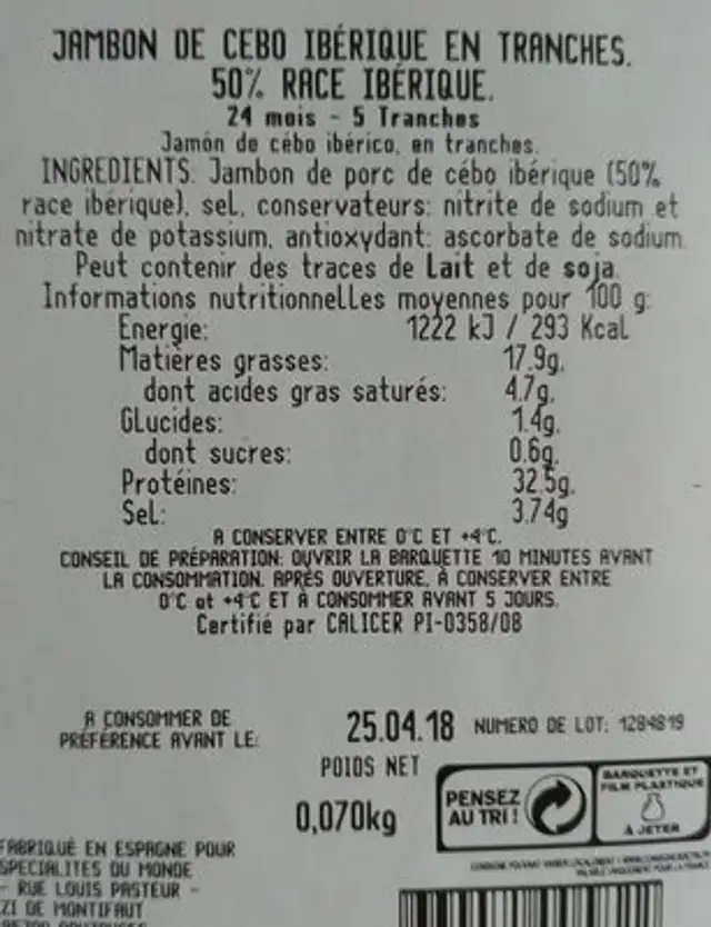 Jambon de Cebo ibérique ingredients label