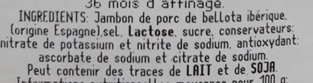 Jambon de Bellota Ibérique ingredients label