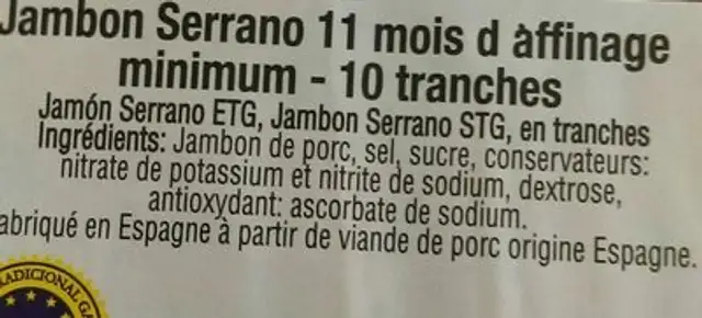 Jambon Serrano ingredients label