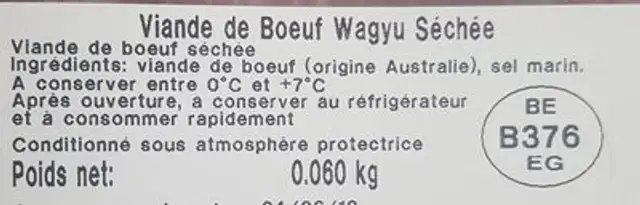 Wagyu viande séchée ingredients label