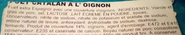Fuet catalan a l'ognon ingredients label