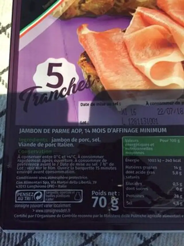 Jambon de parme ingredients label