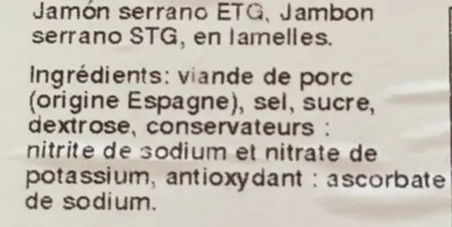 Jambon serrano ingredients label