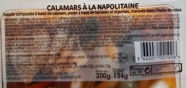 Calamars a la Napolitaine ingredients label