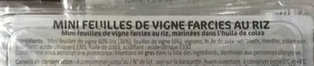 Tout frais , tout prêt !, Mini feuilles de vignes farcies au riz, la barquette de 200 g ingredients label