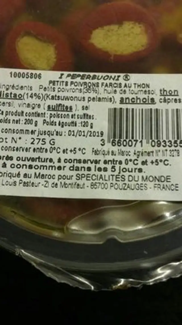 Poivrons farcis au thon ingredients label
