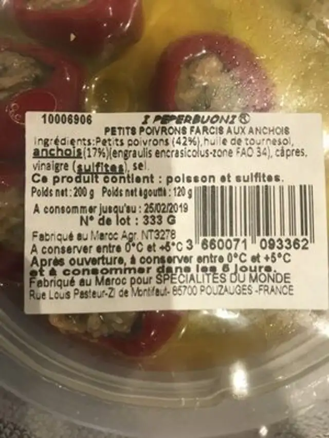 Poivrons farcis aux anchois ingredients label
