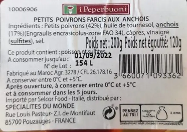 Poivrons farcis aux anchois nutrition facts table