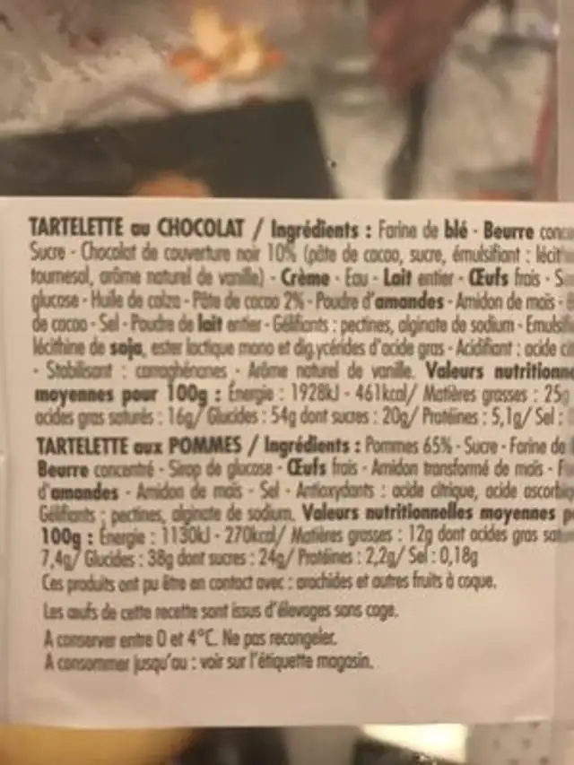 4 tartelettes décongelé ingredients label