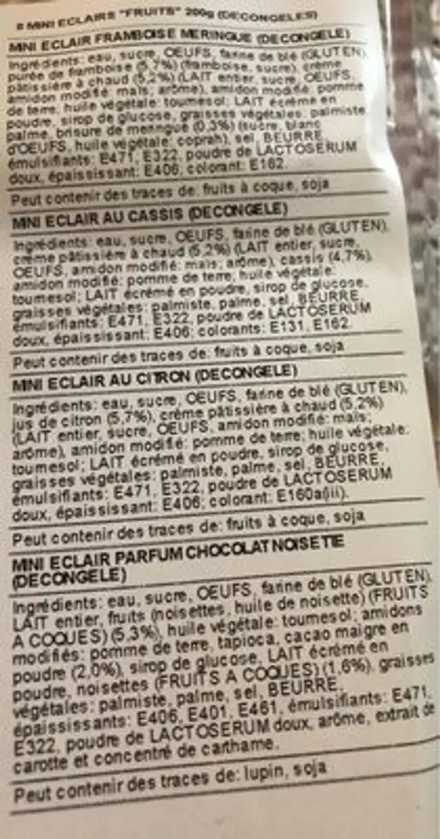 Mini Eclaire Aux Fruits nutrition facts table