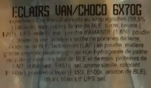 Éclairs ingredients label