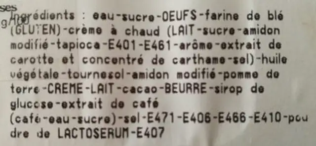 Blister eclair cafe/chocolat X4 ingredients label