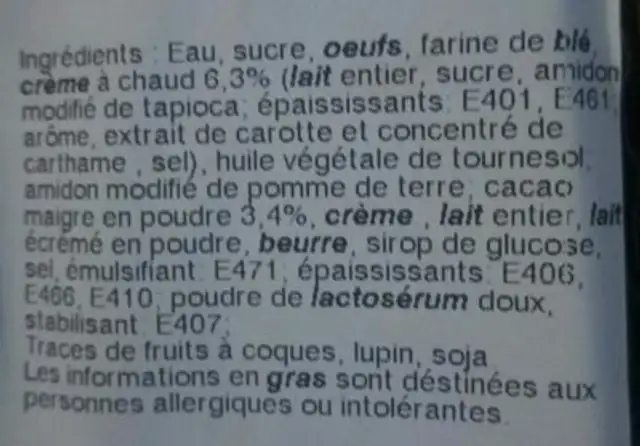 Eclair parfum chocolat ingredients label