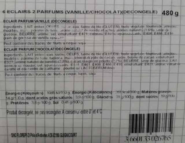 6 éclairs parfums vanille/chocolat ingredients label