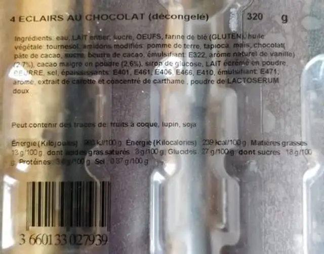 Eclairs Au Chocolat X4 nutrition facts table