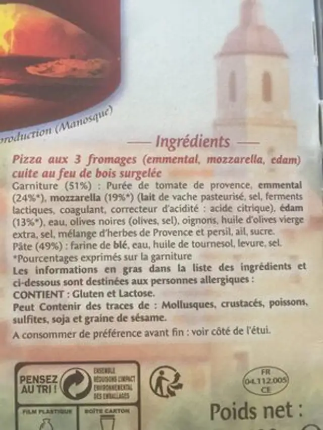 Manosque pizza 3fromages cuite au feu de bois ingredients label