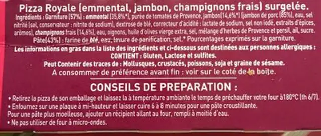 200G PIZZ' ROYALE X2 SIGAL ingredients label