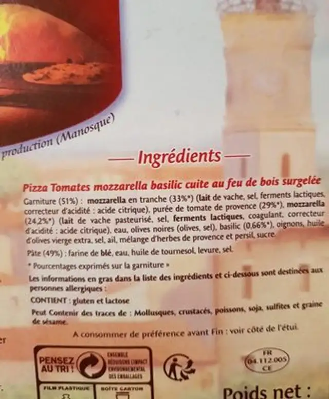 Pizza de manosque mozza ingredients label
