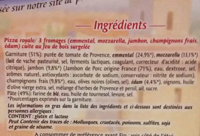 La pizza Duo de Manosque royale fromage ingredients label