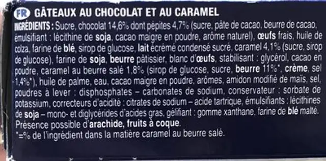 Mini Brownies Chocolat Caramel Brossard, 8 Pièces, 240g ingredients label